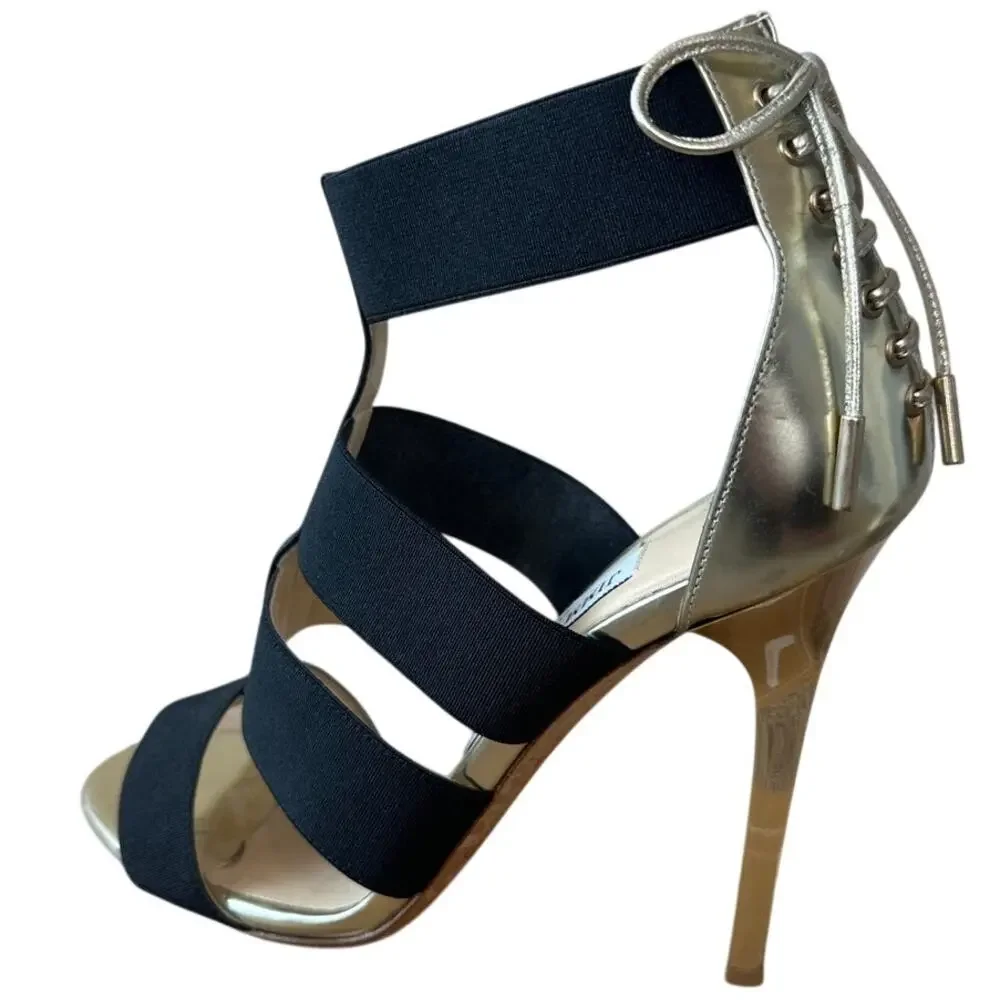 Jimmy Choo Dario Black Ladder Strap Gold Heel Sandals‎ Size US 8, IT 38